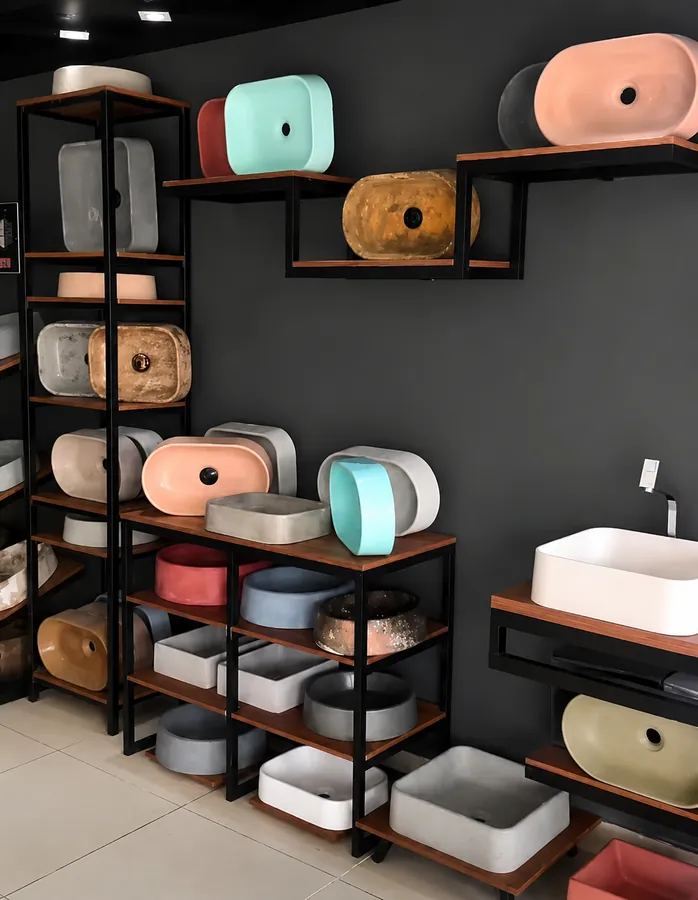 Showroom display of colored concrete sinks