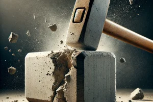 DALL·E 2025-03-27 12.14.02 - A strong concrete block being hit by a heavy sledgehammer but remaining intact, showing its real resistance. The scene emphasizes durability, with sma